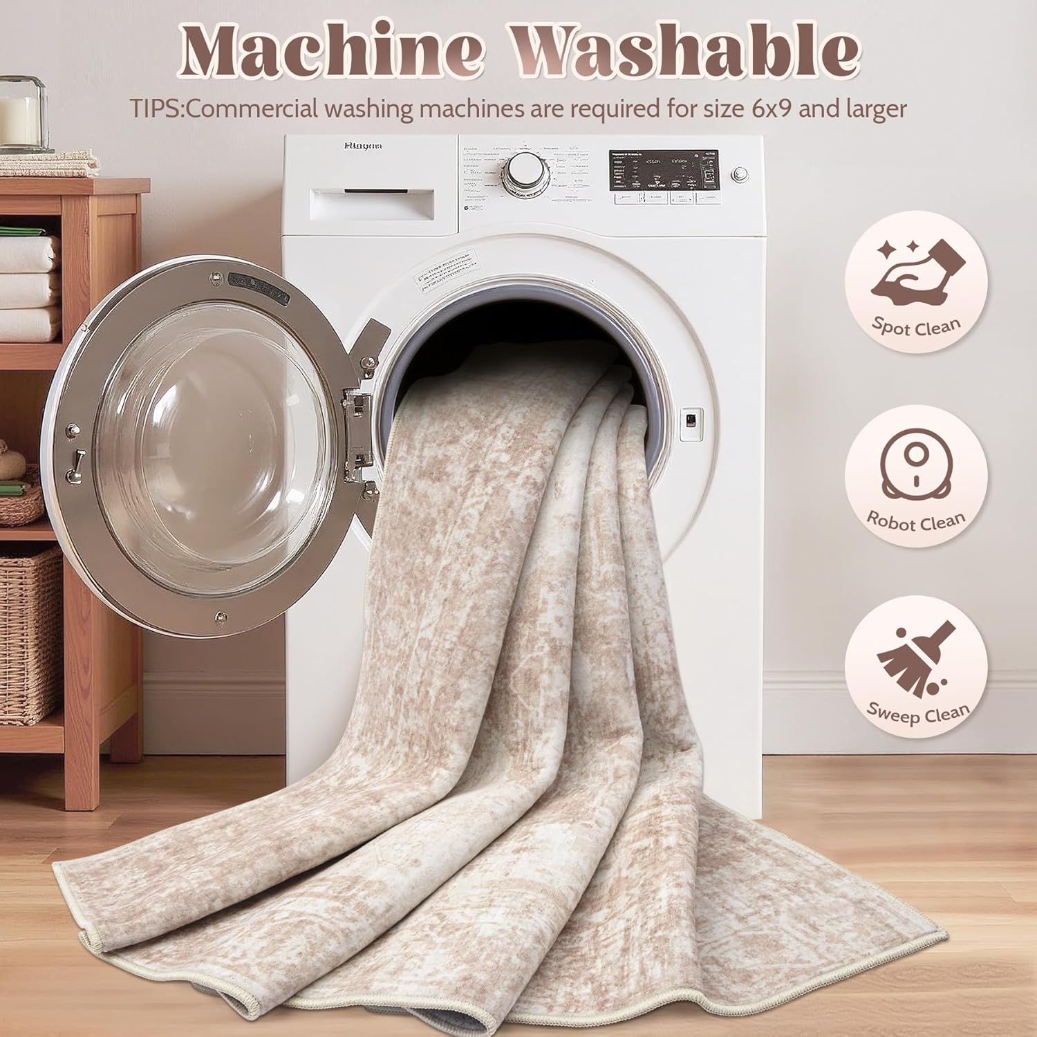 Area Rugs 9x12 Living Room: Large Vintage Living Room Rug with Non-Slip Backing Low Pile Rugs Soft Indoor Floor Thin Carpet Neutral Carpets for Bedroom Dining Room Farmhouse Nursery Brown/Cream